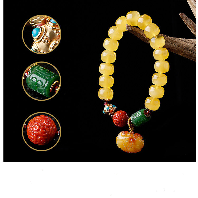 Women's Amber Old Style Bead Bracelet 7*9 Beads with Amber Ruyi Lock Pendant Bracelet Jasper Southern Red Retro Bracelet