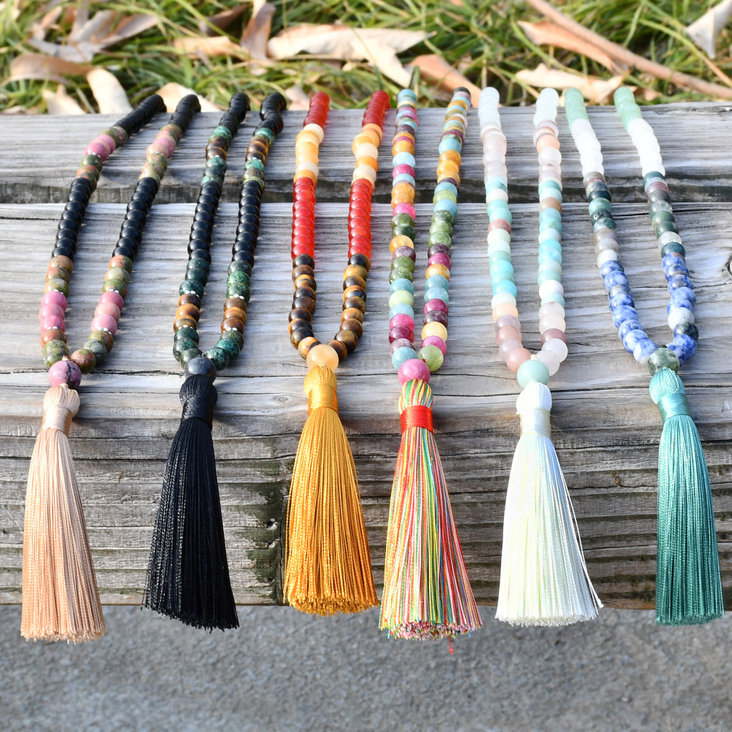 （Buy one, get one free）New 108 Faith Prayer Bead Necklace Handmade Beaded Multi Circle Prayer Bracelet Natural Stone Bohemian Tassel Long Necklace