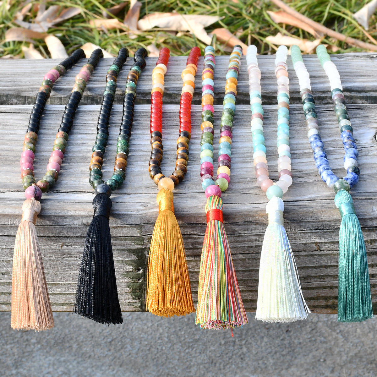 （Buy one, get one free）New 108 Faith Prayer Bead Necklace Handmade Beaded Multi Circle Prayer Bracelet Natural Stone Bohemian Tassel Long Necklace