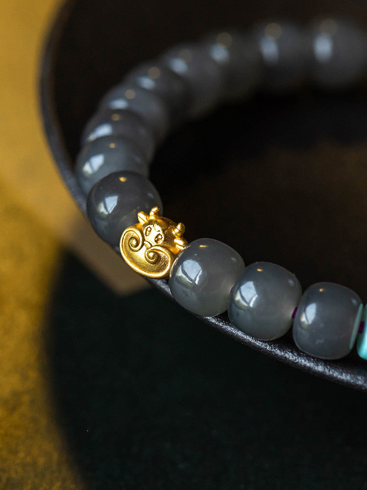 Hetian Jade Smoke Purple Buddha Bead Bracelet 14k Gold Plated Fortune Ox Deep and Light Smoke Purple Bracelet Old Style Beads 7*8 Hetian Jade Bracelet