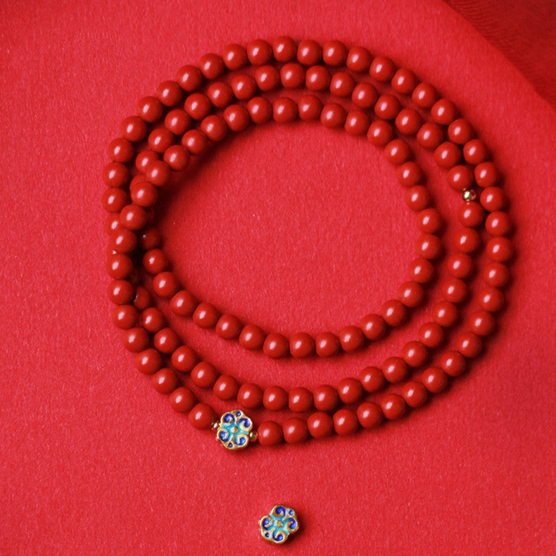 Elegant Women's 3-Loop Vermilion Bead Bracelet – 6mm Round Red Cinnabar Gift