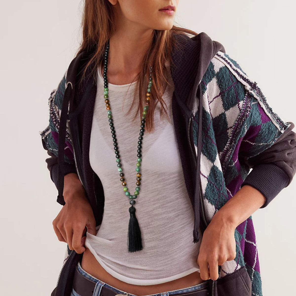 （Buy one, get one free）New 108 Faith Prayer Bead Necklace Handmade Beaded Multi Circle Prayer Bracelet Natural Stone Bohemian Tassel Long Necklace