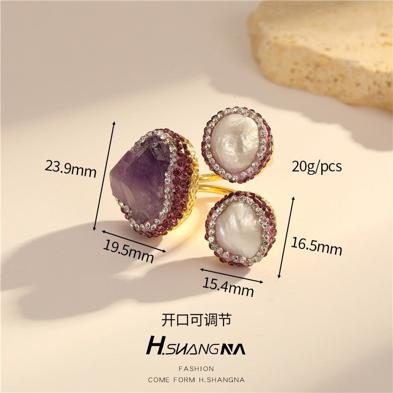 Vintage Style Natural Amethyst Gemstone Ring Niche Temperament Open Retro adjustable openning High-end Feel Ring for Women