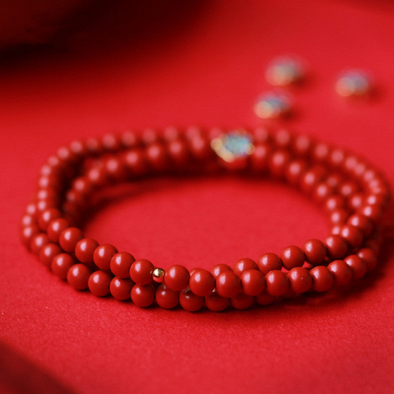 Elegant Women's 3-Loop Vermilion Bead Bracelet – 6mm Round Red Cinnabar Gift
