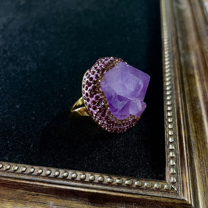 Vintage Style Natural Amethyst Gemstone Ring Niche Temperament Open Retro adjustable openning High-end Feel Ring for Women