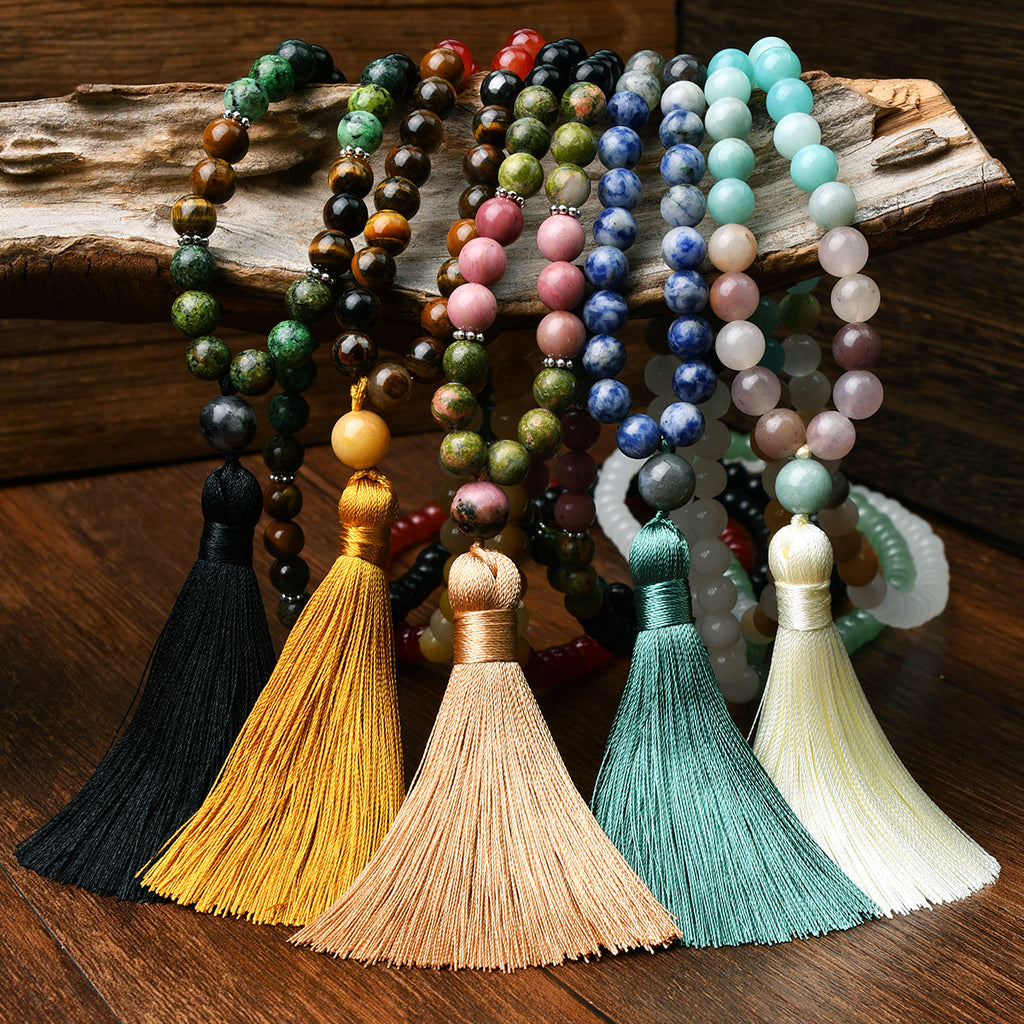 （Buy one, get one free）New 108 Faith Prayer Bead Necklace Handmade Beaded Multi Circle Prayer Bracelet Natural Stone Bohemian Tassel Long Necklace
