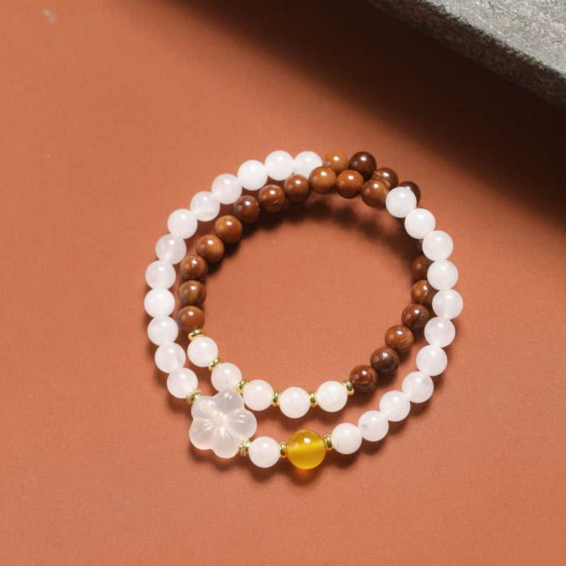 Double ring crystal bracelet paired with white jade marrow peach blossom, niche, fresh, versatile, jewelry for women