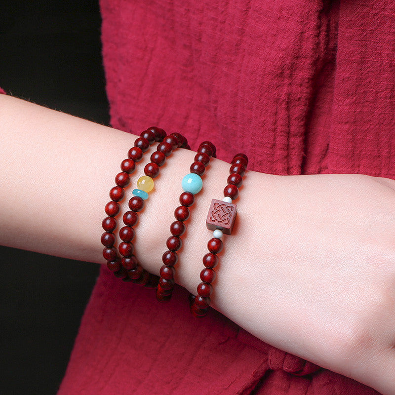 Small Leaf Red Sandalwood Buddha Bead Bracelet Women's 6mm Multi-loop Sandalwood Bracelet Old Material Gold Star Creative Multi-treasure Cultural Plaything