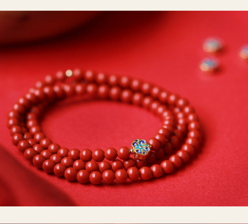 Elegant Women's 3-Loop Vermilion Bead Bracelet – 6mm Round Red Cinnabar Gift